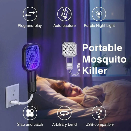Mini USB Portable Electric Mosquito Racket with UV Light - Plug-in Fly & Bug Zapper, Anti-Insect Swatter for Indoor & Outdoor Use, Mosquito Trap for Home, Office, Travel, Camping