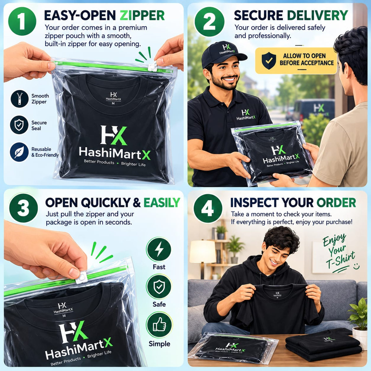 HashiMartX T-shirt packaging and unboxing infographic